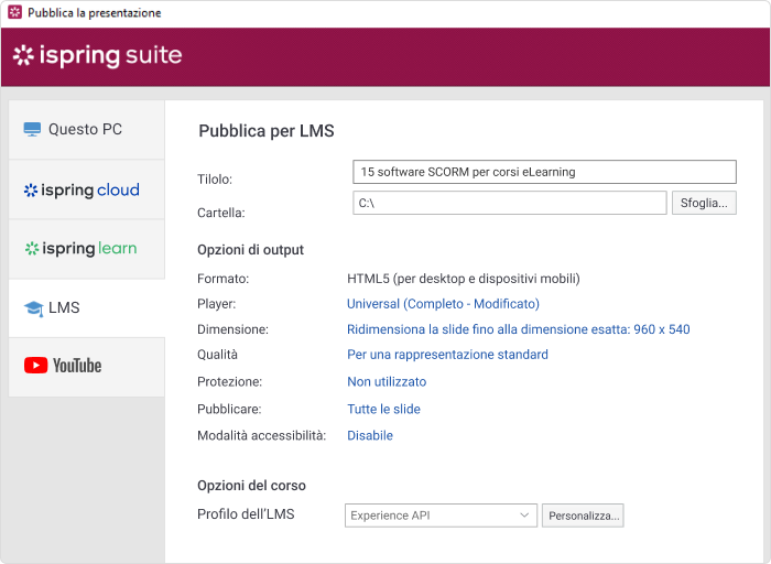 Scegli la scheda LMS per convertire il tuo file PPT in SCORM con iSpring Suite