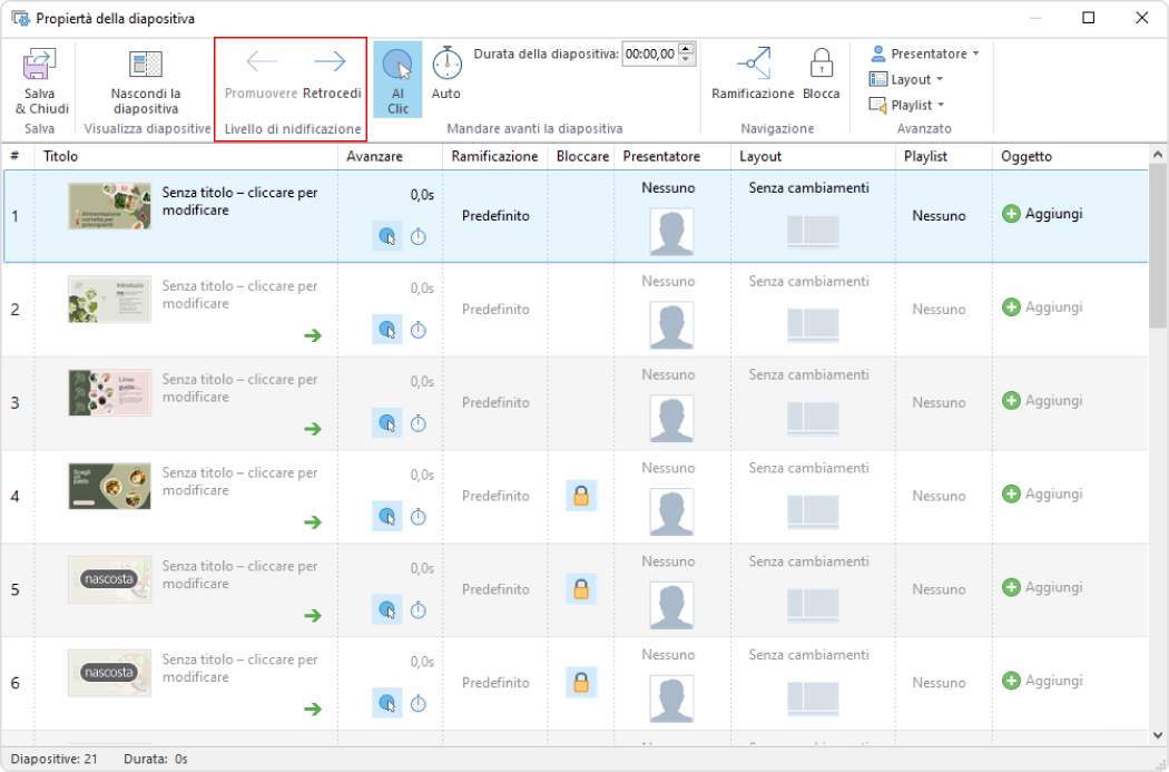 Indice della presentazione: tasto Promuovi e Retrocedi su iSpring Suite