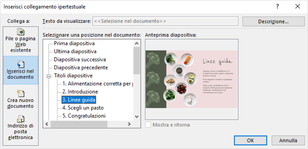 Indice della presentazione: inserisci nel documento su PowerPoint
