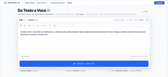 SpeechGen Text to speech italiano con SpeechGen